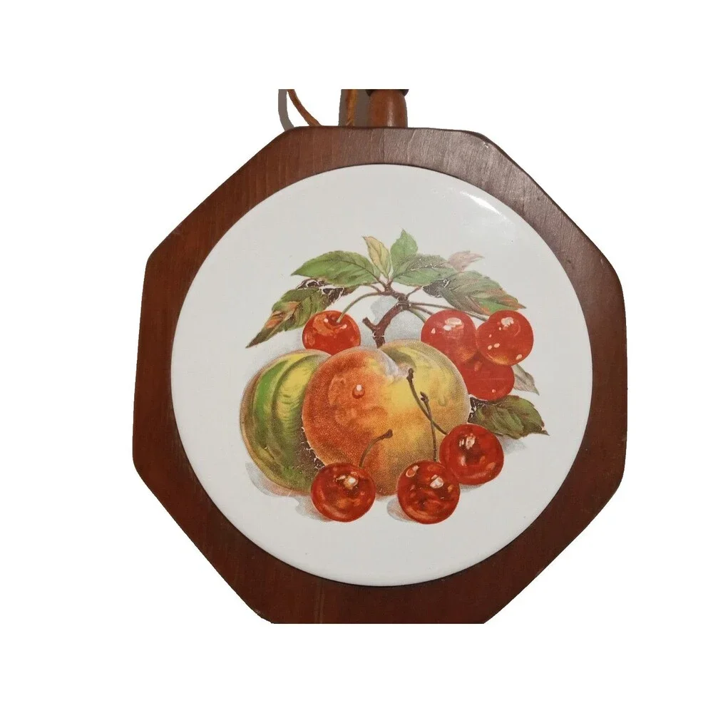 Vintage Round Ceramic Fruit Tile Trivet with Wooden Handle  1970s Apples